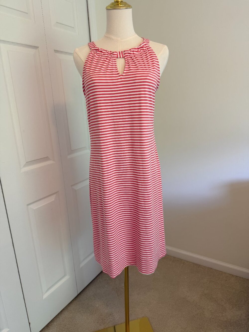 Lulu-B 4446 Coral White Striped Halter Keyhole Travel Dress Small